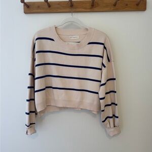 By Together Cream and Navy Striped Cropped Crewneck Sweater S